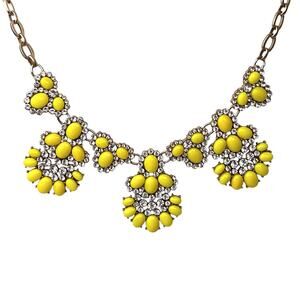 J Crew Necklace Yellow Bead Flowers Clear Rhinestones Gold Tone Chain Sparkle